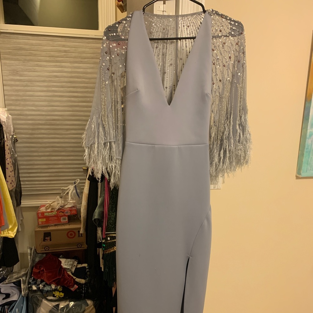 Elegant Light Blue V-Neck Evening Dress with Side Slit